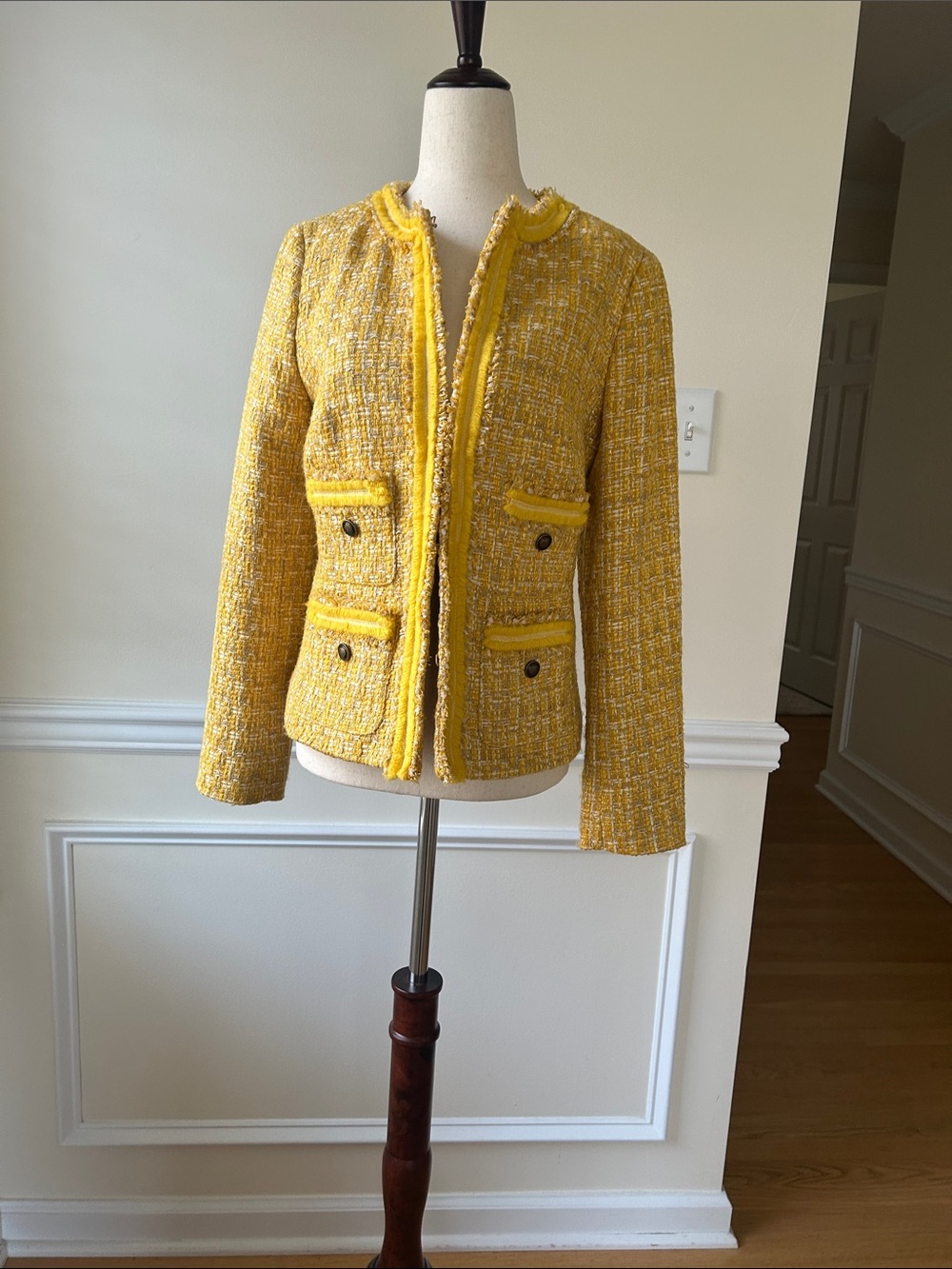 Talbots Yellow Tweed Fringe-Trim Blazer